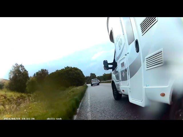 Near Miss of the Day 911: Campervan tourist narrowly squeezes past cyclists, forcing oncoming driver to brake heavily  but escapes punishment after returning to Italy [Video]